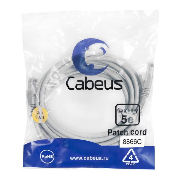 Патч-корд U/UTP Cabeus PC-UTP-RJ45-Cat.5e-3m-LSZH, категория 5е, 2xRJ45/8p8c, неэкранированный, серый, LSZH, 3м